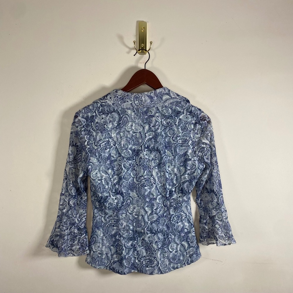 Vintage Y2K I.N.C Button Up Collared Shirt 3/4 Ruffle Sleeves‎ Blue Paisley Boho - Picture 5 of 6